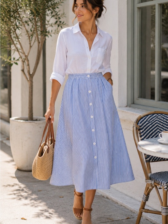 a new day Dresses & Skirts - a new day Blue & White Striped Button-Front Midi Skirt